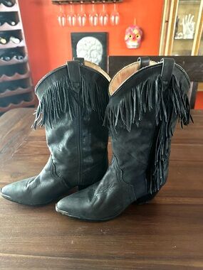 ACME vintage steel toe black fringe boots.